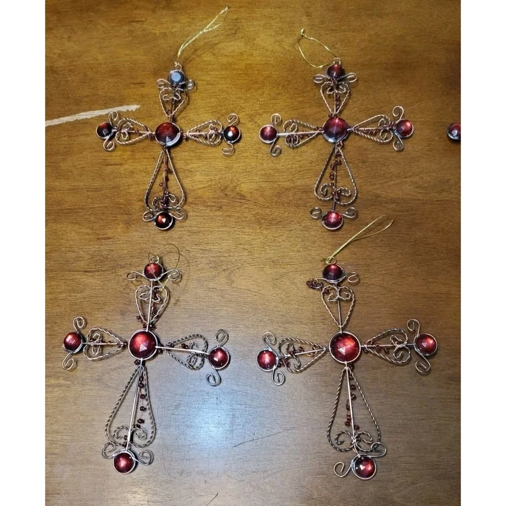 Lot‎ 11 Wire Cross Ornaments Red Beaded Rustic Christian Decor + 1 Repair